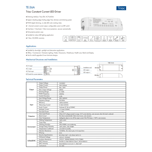 GloboStar® 73135 TE-36A SKYDANCE AC Triac Dimmable Constant Current LED Driver Push Dimming 1 Κανάλι AC 200-240V 1 x 0.34A 36W - Max 0.34A 36W - IP20 Μ17.5 x Π4.4 x Υ3cm - 5 Χρόνια Εγγύηση