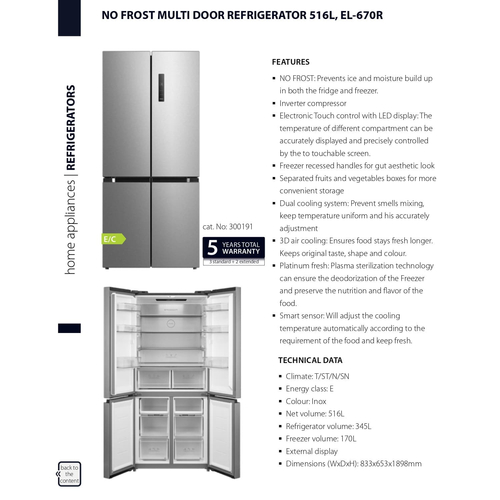 ELMARK NO FROST Ψυγείο Ντουλάπα EL-670R MULTI-DOOR REFRIGERATOR 516L 1898mm