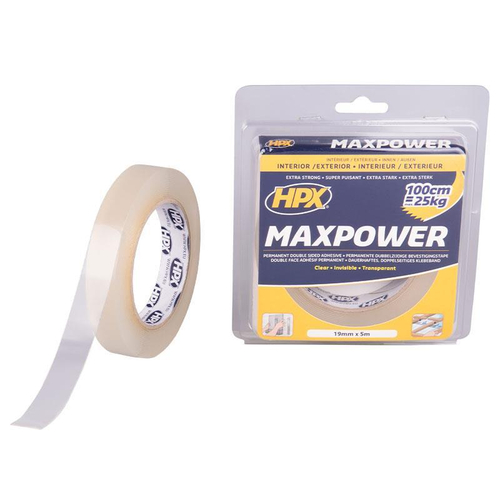 Ταινία διπλής όψεως MAXPOWER διάφανη 19mmx5m.. Ταινία διπλής όψης διάφανη με πολύ δυνατή ακρυλική κόλα. Κατάλληλη για την τοποθέτηση αντικειμένων κάθε τύπου. Πολύ καλή πρόσφυση σε μέταλλο, γυαλί και στα περισσότερα είδη πλαστικού. Αντοχή 1,5kg. Μεγάλη αντοχή στην υγρασία. Κατάλληλη για χρήση σε εσωτερικό και εξωτερικό χώρο.
Αντικαθιστά καρφιά, βίδες και υγρές κόλλες. Αντέχει έως 120C Aντοχή διάτμησης : 5,9kg/cm2. / HT1905
