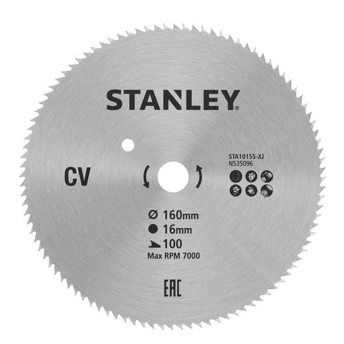 Δίσκος stanley διαμαντέ κοπής ξύλου και κόντρα πλακέ fine cut με τρύπα 16mm, διάμετρο 160mm και 100 δόντια / STA10155-XJ