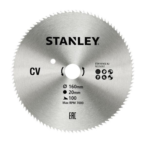 Δίσκος stanley διαμαντέ κοπής ξύλου και κόντρα πλακέ fine cut με τρύπα 20mm, διάμετρο 160mm και 100 δόντια / STA10165-XJ