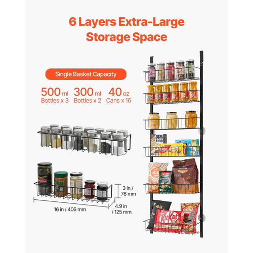 VEVOR 6-Tier Over the Door Pantry Organizer Κρεμαστό ράφι αποθήκευσης Ρυθμιζόμενο