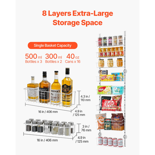 VEVOR 8-Tier Over the Door Pantry Organizer Κρεμαστό ράφι αποθήκευσης Ρυθμιζόμενο