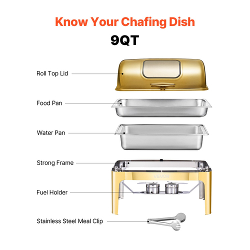 VEVOR 9Qt Rectangle Roll Top Chafing Σετ πιάτων με πλήρους μεγέθους τηγάνι από ανοξείδωτο ατσάλι