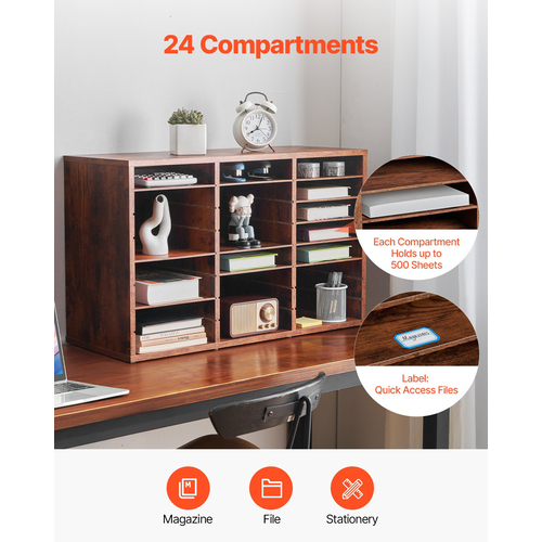 VEVOR Wooden Literature Organizer 24 Διαμερισμάτων Αφαιρούμενα Ράφια Σκούρο Καφέ