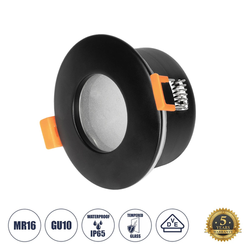 GloboStar® 60888 GASPAR Χωνευτό Στρόγγυλο Σποτ Οροφής για Λάμπα MR16/GU10 IP65 - Αλουμίνιο & Γυαλί - Φ8.5 x Υ4.2cm - Μαύρο & Διάφανο - 5 Χρόνια Εγγύηση