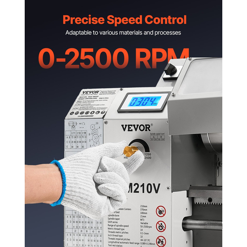 VEVOR Μεταλλικός Τόρνος 8 x 16 σε 550W Μηχάνημα Τόρνου Πάγκου 0-2500RPM Μεταβλητή ταχύτητα