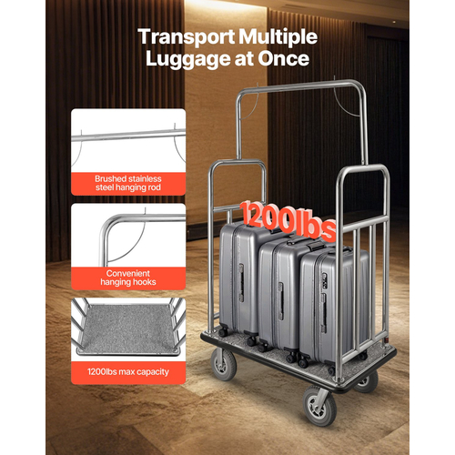 VEVOR Hotel Luggage Cart 1200 LBS Brushed Stainless Steel Finish Cart Bellman&#039;s