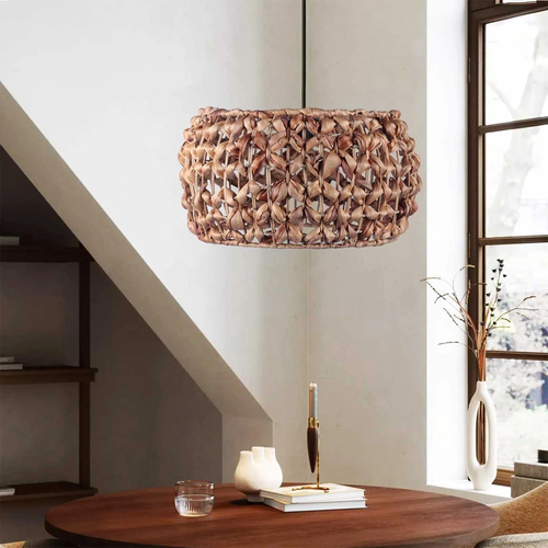 GloboStar® DARIO 204-0159 Boho Κρεμαστό Φωτιστικό Kαπέλο Μονόφωτο 1 x E27 IP20 Καφέ Rattan - Μ29 x Π29 x Υ16cm