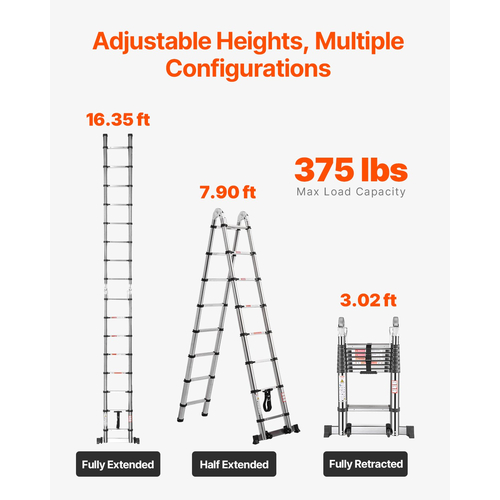 VEVOR Telescoping Ladder A-Frame Inox 16,5 ft Extension Ladders
