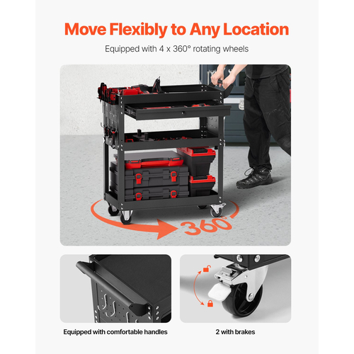 VEVOR 4-Tier Tool Cart on Wheels 350 lb Rolling Cart Work with Drwer & Pegboard