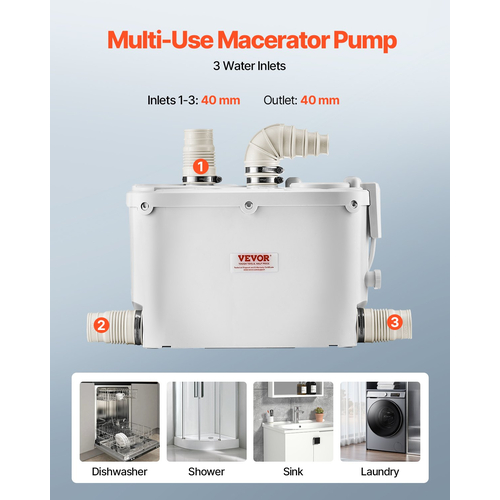 Αντλία κοπής VEVOR 500W 29 GPM Ροή, Ανύψωση Κεφαλής 26 ft για Νιπτήρα Υπογείου Κουζίνας