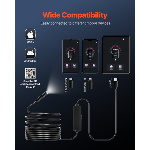 Ενδοσκόπιο VEVOR 1920P HD Borescope για Android & IOS με καλώδιο 5 μέτρων