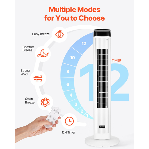 VEVOR 40" ταλαντευόμενος ανεμιστήρας πύργου 9H Timer 22 ft/s ταχύτητα με τηλεχειριστήριο