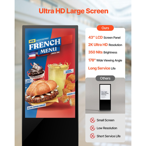 VEVOR 43" ψηφιακή οθόνη αφής 2K UHD LCD κιόσκι επιδαπέδιου