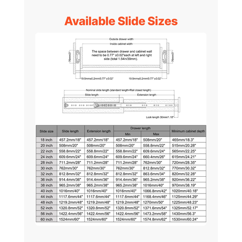 VEVOR 1 Pair 18-60 in Soft-Close Drawer Slides Ball Bearing Full Extension