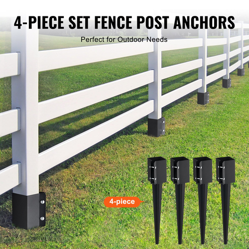 VEVOR Fence Post Anchor Ground Spike, 4 πακέτο 24 x 4 x 4 ίντσες εξωτερική διάμετρος (εσωτερική διάμετρος 3,5 x 3,5 ίντσες), μεταλλική μαύρη σκόνη με επίστρωση πάσσαλου, για κιγκλίδωμα κήπου κατάστρωμα γραμματοκιβωτίου