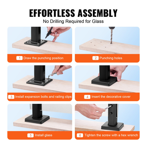 VEVOR Glass Clamp 4 ΤΕΜ. Τετράγωνο στήριγμα κιγκλιδώματος για 0,31 "-0,47" Γυάλινο μαύρο
