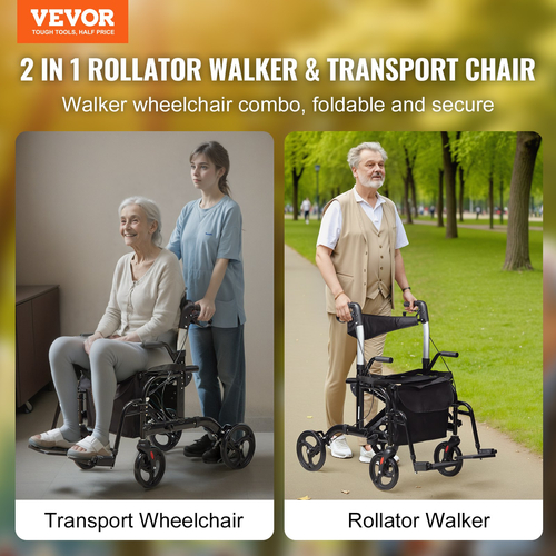 VEVOR 2 σε 1 Rollator Walker & Transport Chair για ηλικιωμένους, Αναδιπλούμενο Rolling Walker Combo & Footrests, Ελαφρύς περιπατητής κινητικότητας αλουμινίου με ρυθμιζόμενη λαβή, τροχοί παντός εδάφους, 136 kg