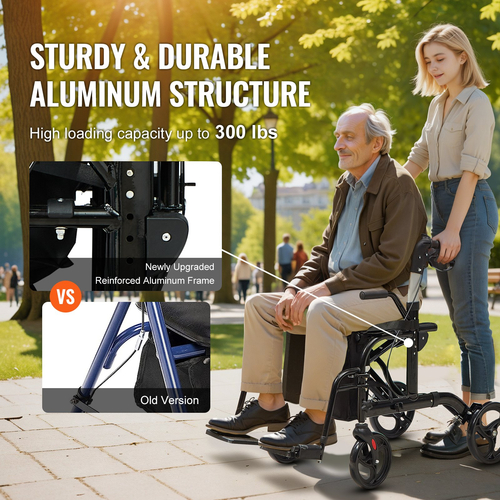 VEVOR 2 σε 1 Rollator Walker & Transport Chair για ηλικιωμένους, Αναδιπλούμενο Rolling Walker Combo & Footrests, Ελαφρύς περιπατητής κινητικότητας αλουμινίου με ρυθμιζόμενη λαβή, τροχοί παντός εδάφους, 136 kg