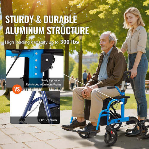 VEVOR 2 σε 1 Rollator Walker & Transport Chair για ηλικιωμένους, Αναδιπλούμενο Rolling Walker Combo & Footrests, Ελαφρύς περιπατητής κινητικότητας αλουμινίου με ρυθμιζόμενη λαβή, τροχοί παντός εδάφους, 300LBS