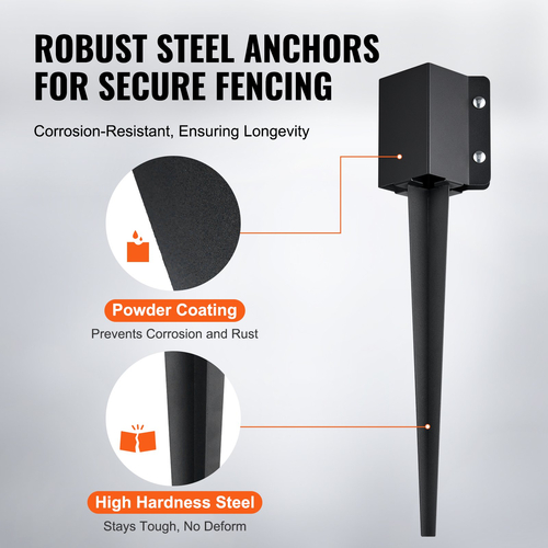 VEVOR Fence Post Anchor Ground Spike, 6 πακέτο 24 x 4 x 4 ίντσες εξωτερική διάμετρος (εσωτερική διάμετρος 3,5 x 3,5 ίντσες), μεταλλική μαύρη σκόνη με επίστρωση πάσσαλου, για κιγκλίδωμα κήπου κατάστρωμα γραμματοκιβωτίου