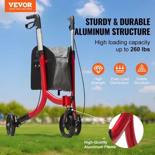 VEVOR 3 Wheels Rollator Walker για ηλικιωμένους, Ελαφρύ πτυσσόμενο Rolling Walker από αλουμίνιο με ρυθμιζόμενη λαβή, Outdoor Trio Mobility Walker με μεγάλους τροχούς & ευρύχωρη τσάντα αποθήκευσης, χωρητικότητα 118 kg