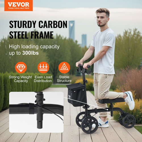 VEVOR Folding Knee Scooter, Carbon Steerable Knee Walker με ρυθμιζόμενο ύψος τιμόνι & επιγονατίδα, συμπαγείς τροχούς παντός εδάφους, διπλά φρένα, σκούτερ ανάκτησης ποδιών για τραυματισμούς στον αστράγαλο