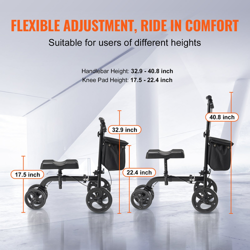 VEVOR Folding Knee Scooter, Carbon Steerable Knee Walker με ρυθμιζόμενο ύψος τιμόνι & επιγονατίδα, συμπαγείς τροχούς παντός εδάφους, διπλά φρένα, σκούτερ ανάκτησης ποδιών για τραυματισμούς στον αστράγαλο