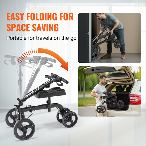 VEVOR Folding Knee Scooter, Carbon Steerable Knee Walker με ρυθμιζόμενο ύψος τιμόνι & επιγονατίδα, συμπαγείς τροχούς παντός εδάφους, διπλά φρένα, σκούτερ ανάκτησης ποδιών για τραυματισμούς στον αστράγαλο