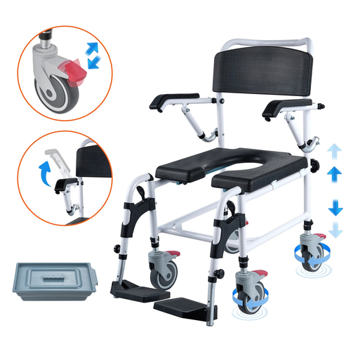 Αναπηρικό αμαξίδιο VEVOR Shower Commode με 4 ρόδες που κλειδώνουν, υποπόδια, βραχίονες που ανατρέπονται, ρυθμιζόμενο ύψος 3 επιπέδων, αφαιρούμενος κάδος 5 λίτρων, χωρητικότητα 350 LBS, καρέκλα Commode για ενήλικες ηλικιωμένους