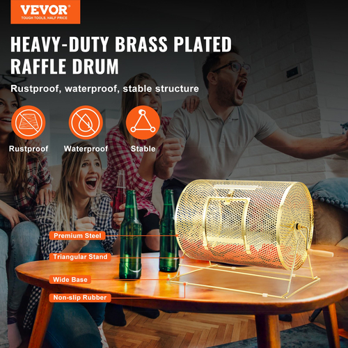 VEVOR Raffle Drum, 16,1 x Ø12 ιντσών Brass Plated Ticket Raffle Spinning Cage, Χωράει 5000 εισιτήρια ή 200 μπάλες πινγκ πονγκ, μεταλλικό σχέδιο λοταρίας με ξύλινη περιστροφική λαβή, για μέρος ψηφοδελτίων Bingo