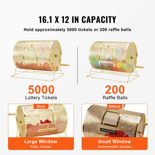 VEVOR Raffle Drum, 16,1 x Ø12 ιντσών Brass Plated Ticket Raffle Spinning Cage, Χωράει 5000 εισιτήρια ή 200 μπάλες πινγκ πονγκ, μεταλλικό σχέδιο λοταρίας με ξύλινη περιστροφική λαβή, για μέρος ψηφοδελτίων Bingo