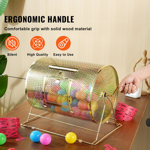 VEVOR Raffle Drum, 16,1 x Ø12 ιντσών Brass Plated Ticket Raffle Spinning Cage, Χωράει 5000 εισιτήρια ή 200 μπάλες πινγκ πονγκ, μεταλλικό σχέδιο λοταρίας με ξύλινη περιστροφική λαβή, για μέρος ψηφοδελτίων Bingo