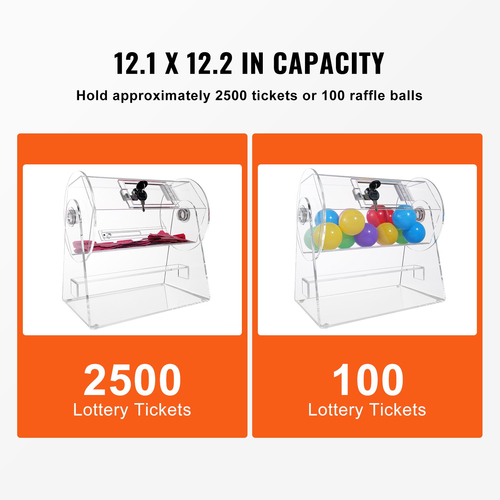 VEVOR Acrylic Raffle Drum, Χωράει 2500 εισιτήρια ή 100 μπάλες λοταρίας, επαγγελματικό κλωβό λοταρίας με 2 κλειδιά, διαφανές σχέδιο λοταρίας, κουτί λαχείων για παιχνίδια λοταρίας Bingo