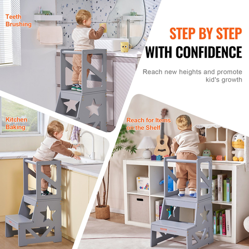 Σκαμπό κουζίνας VEVOR Toddler Step Stool Φυσικό ξύλο πεύκου 150LBS Γκρι