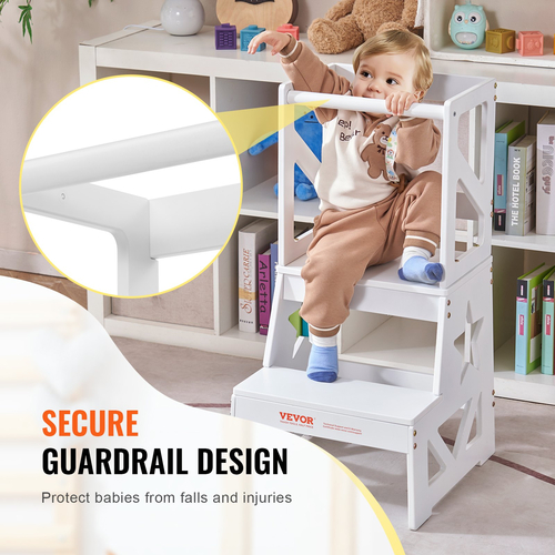 Σκαμπό VEVOR Toddler Step Stool για παιδιά, Σκαμπό κουζίνας για παιδιά από φυσικό ξύλο πεύκου με ράγα ασφαλείας, 150LBS Loading Capacity Standing Tower Σκαμπό εκμάθησης για Υπνοδωμάτιο Μπάνιο Πάγκος κουζίνας, λευκό
