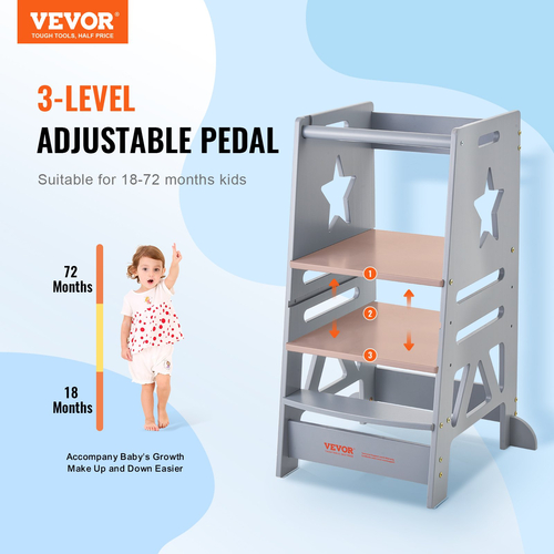 Σκαμπό VEVOR Tower για νήπια Παιδικά 3 επίπεδα ρυθμιζόμενο ύψος 350 LBS Γκρι