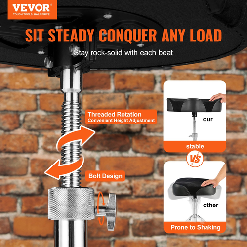 VEVOR Saddle Drum Throne, 22-27,8 ίντσες / 560-705 mm ρυθμιζόμενο ύψος, επενδυμένο κάθισμα τυμπάνου με αντιολισθητικά πόδια 5A Drumsticks 500 lbs / 227 kg Μέγιστο βάρος χωρητικότητας, 360° Περιστρεφόμενη καρέκλα τυμπάνου