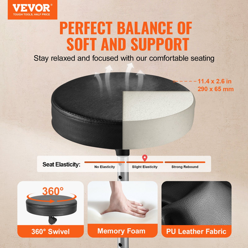 VEVOR Drum Throne, 19,3 έως 23 ίντσες / 490-585 mm ρυθμιζόμενο ύψος, επενδεδυμένο κάθισμα τυμπάνου με αντιολισθητικά πόδια 5A Drumsticks 330 lbs / 150 kg Μέγιστο βάρος χωρητικότητας, 360° Περιστρεφόμενη καρέκλα τυμπάνου
