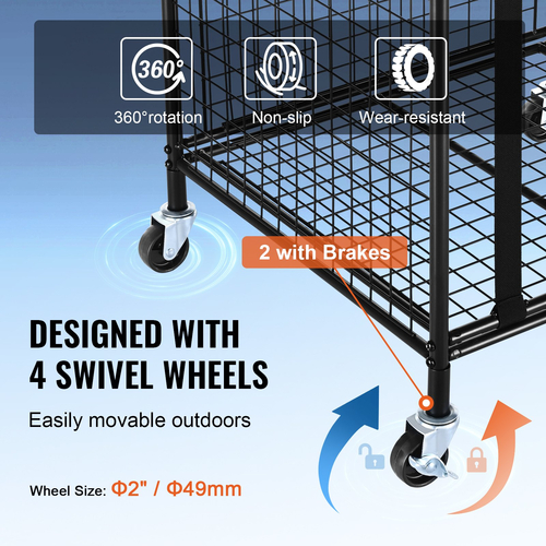 VEVOR Rolling Sports Ball Storage Cart, Κλουβί μπάσκετ που κλειδώνει με ελαστικούς ιμάντες, Organizer θήκη αθλητικού εξοπλισμού για εσωτερικούς χώρους, χαλύβδινη θήκη αποθήκευσης για γκαράζ, playgroup, γυμναστήριο και σχολεία