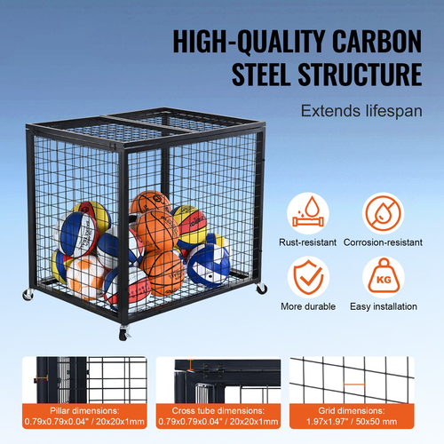 VEVOR Rolling Sports Ball Storage Cart, Κλουβί μπάσκετ που κλειδώνει με διπλά καπάκια, Organizer θήκη αθλητικού εξοπλισμού για εσωτερικούς χώρους, χαλύβδινη σχάρα αποθήκευσης για γκαράζ, παιδότοπο, γυμναστήριο και σχολεία