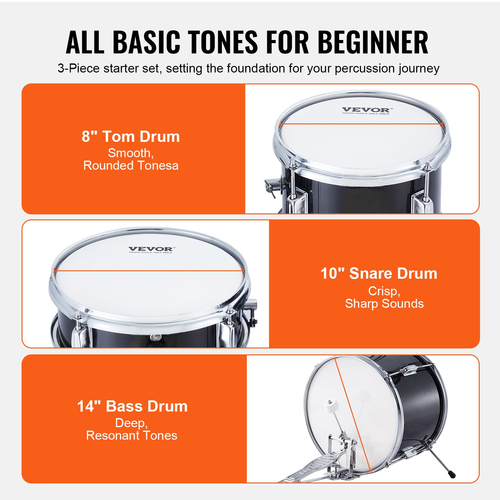 VEVOR Kids Drum Set 3-Pece 14 in Beginner Drum set for Children with Throne Black