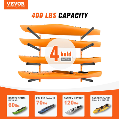 Βάση αποθήκευσης VEVOR Wall Kayak, Επιτοίχιες βάσεις για καγιάκ 4 χωρητικότητας για κουπιά κανόε καγιάκ, γάντζοι αποθήκευσης καγιάκ με ρυθμιζόμενους ενισχυμένους βραχίονες, κρεμάστρα καγιάκ φορτίου 400 LBS για εσωτερικό εξωτερικό γκαράζ