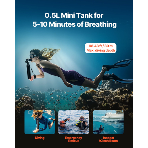 VEVOR 0,5L Scuba Tank 98,43 ft Diving Depth Lung Tank Kit for Exploration