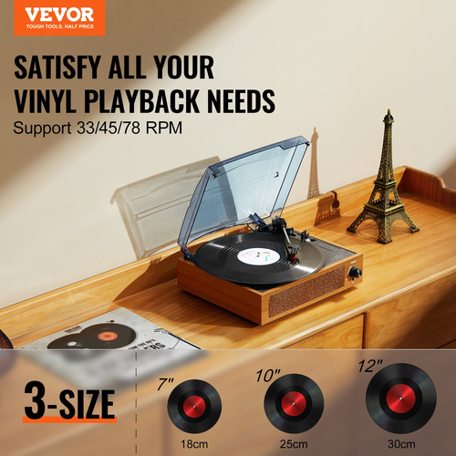 VEVOR Bluetooth συσκευή αναπαραγωγής δίσκων βινυλίου 3 ταχυτήτων πικάπ με ιμάντα ηχεία 3W