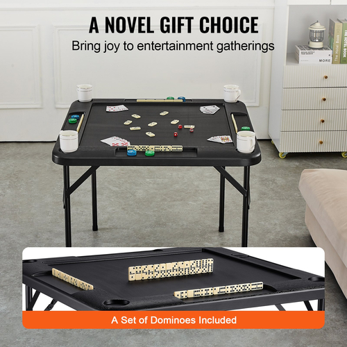 Τραπέζι VEVOR Mahjong, τετράγωνο τραπέζι πτυσσόμενο 4 παίκτες με 4 ποτηροθήκες & 4 δίσκους για μάρκες, φορητό τραπέζι Domino με 1 σετ ντόμινο για παζλ Mahjong Poke, 35,4 x 35,4 ιντσών, μαύρο
