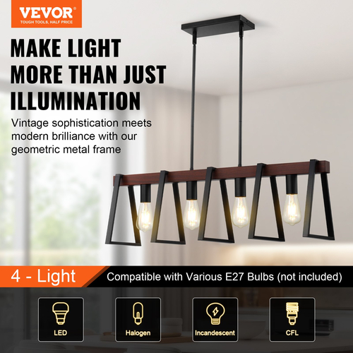 VEVOR 4-φωτά κρεμαστά φώτα κουζίνας Island 60W Ρυθμιζόμενο φως τραπεζαρίας E27