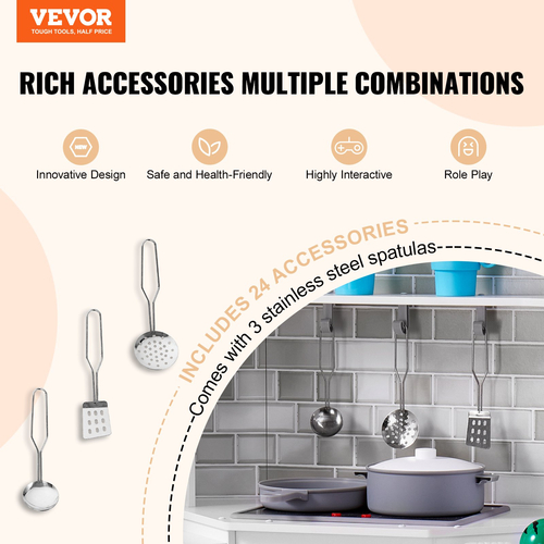 VEVOR Kitchen Playset Kids Pretend Cooking Play Toy 24 Piece Αξεσουάρ Λευκό