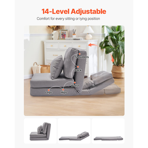 VEVOR Convertible Flip Chair με 5 ρυθμιζόμενες θέσεις δαπέδου Lazy Sofa Grey